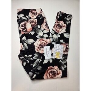 LuLaRoe OS One Size 2-10 Leggings BLACK WITH PEACH ROSES Print Buttery Soft